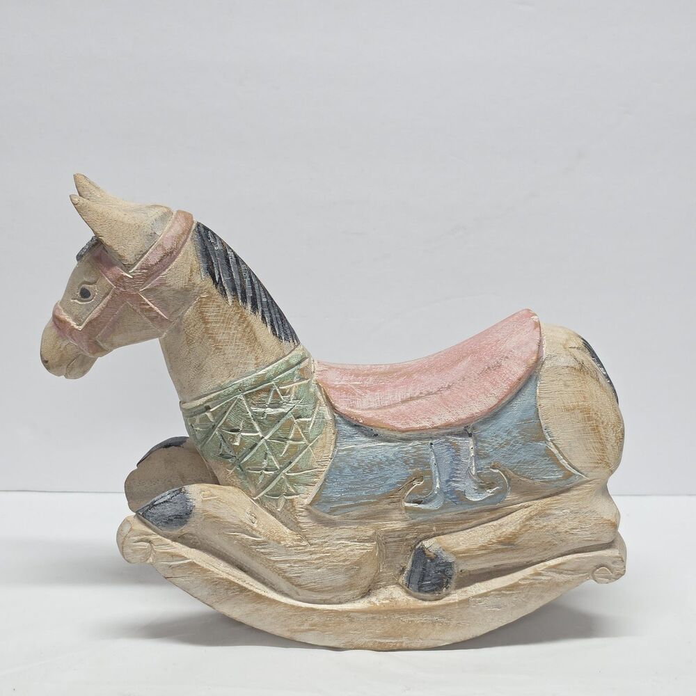 VTG Folk Art White Multicolor Washed Wood Rocking Horse Cottagecore Farmhous